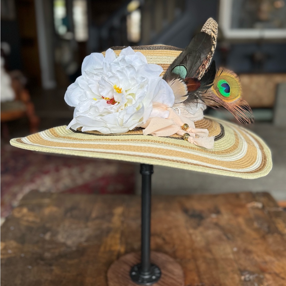 Elegant Summer Party Derby Style Tan and White Feathered Hat